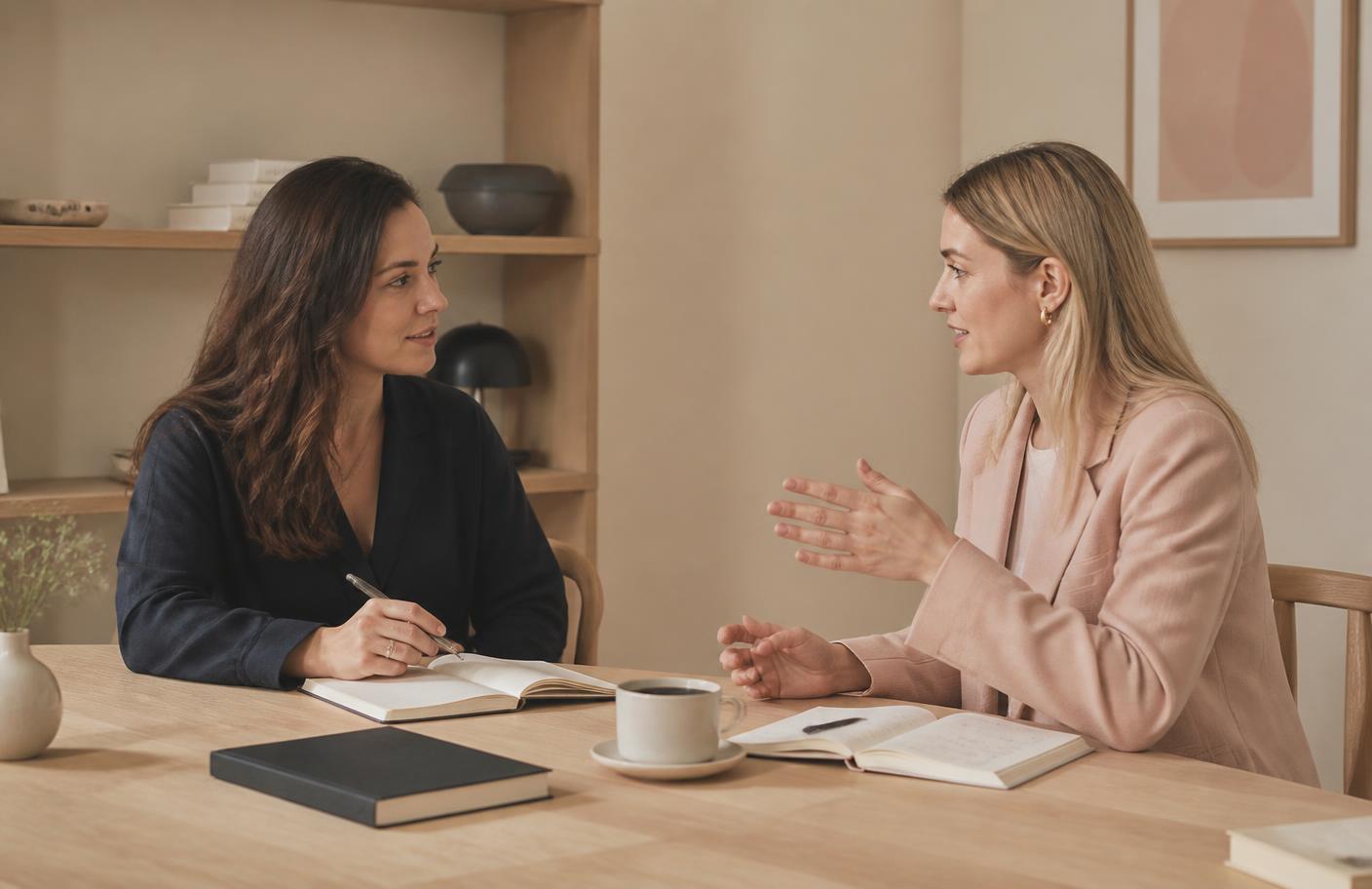 A coach and client in conversation across a light oak table