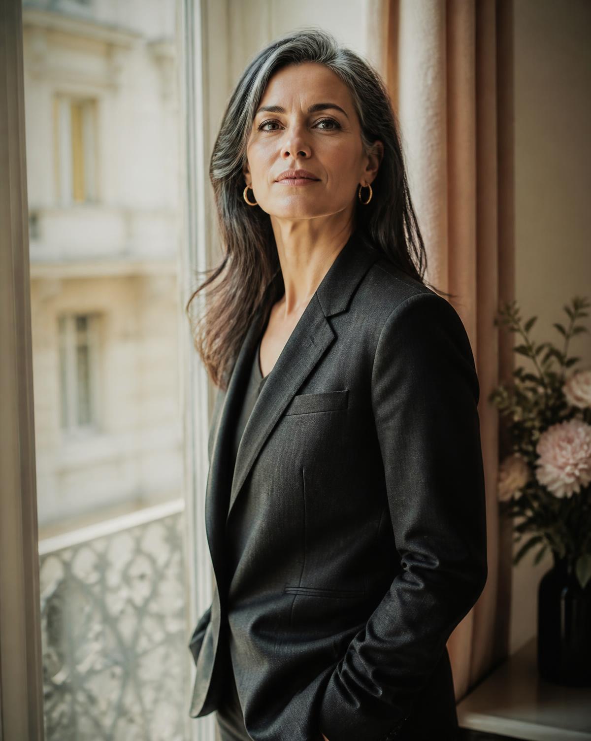 An executive menopause coach standing by a window in morning light